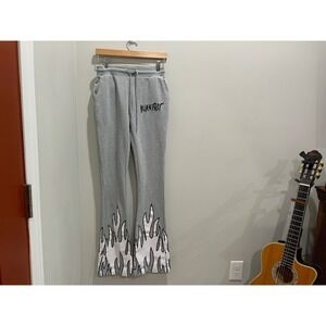Focus Jeans Burn Fast Grey Flame Flare Sweatpants Mens Medium Y2K Streetwear